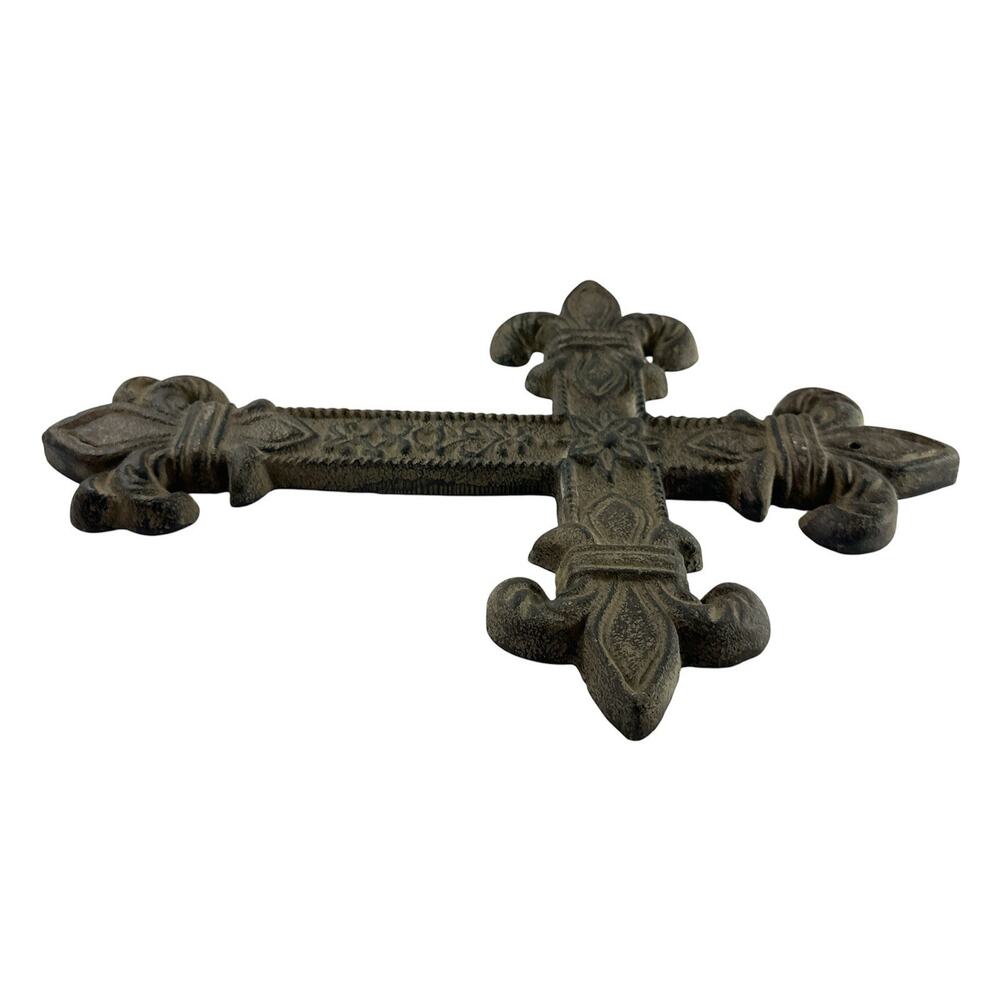Cast Iron Fleur De Lis Wall Cross Rustic Religious Decor Brown Distressed 12” - Picture 6 of 7